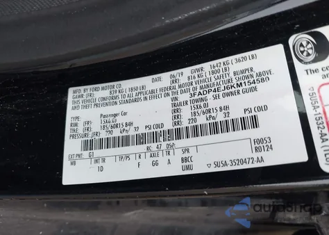 2019 Ford Fiesta Se z USA, uszkodzony, nr VIN 3FADP4EJ6KM154580